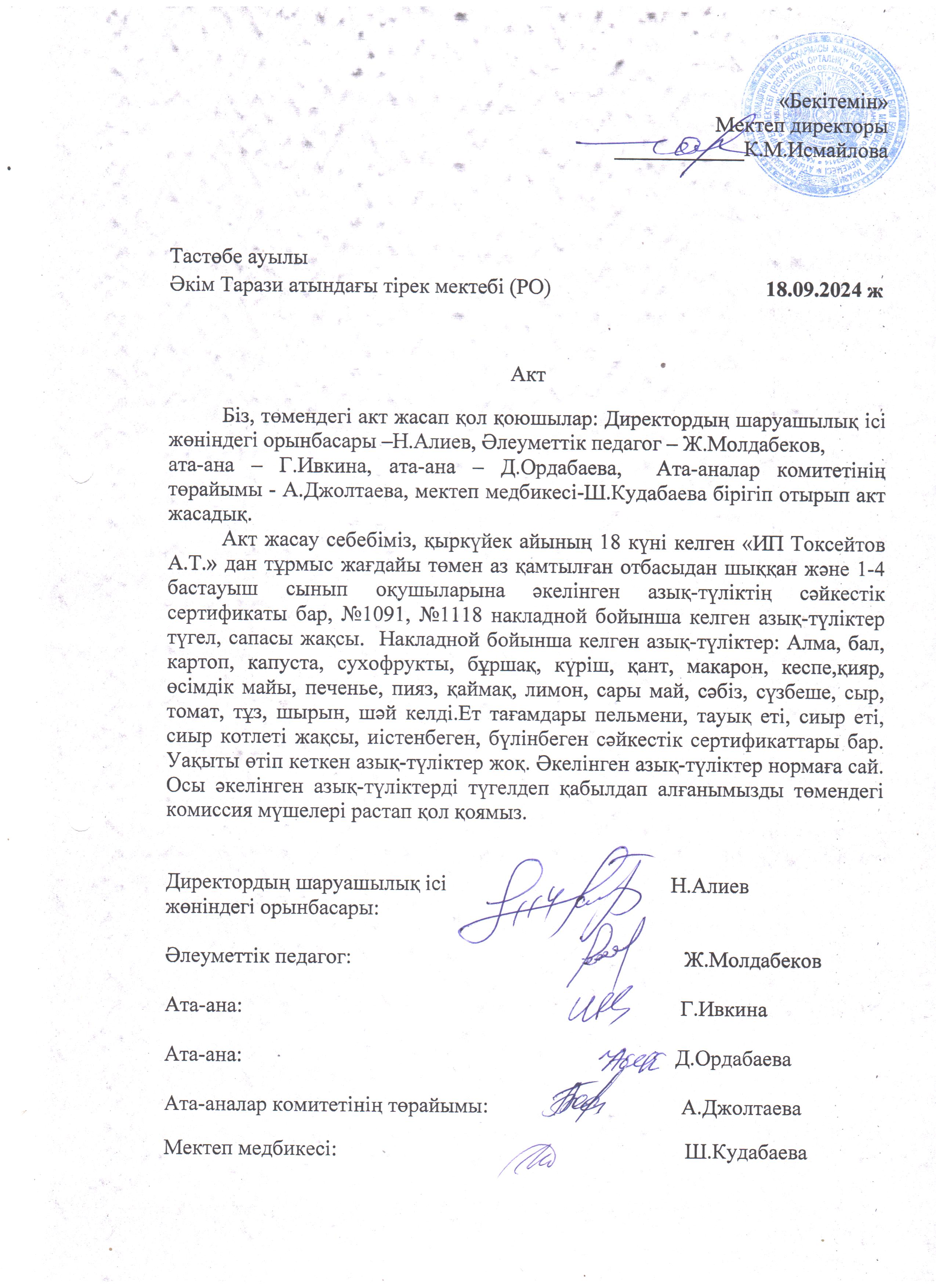 АКТ азық-түлікті қабылдау. Бракеражды комиссия 18.09.2024ж