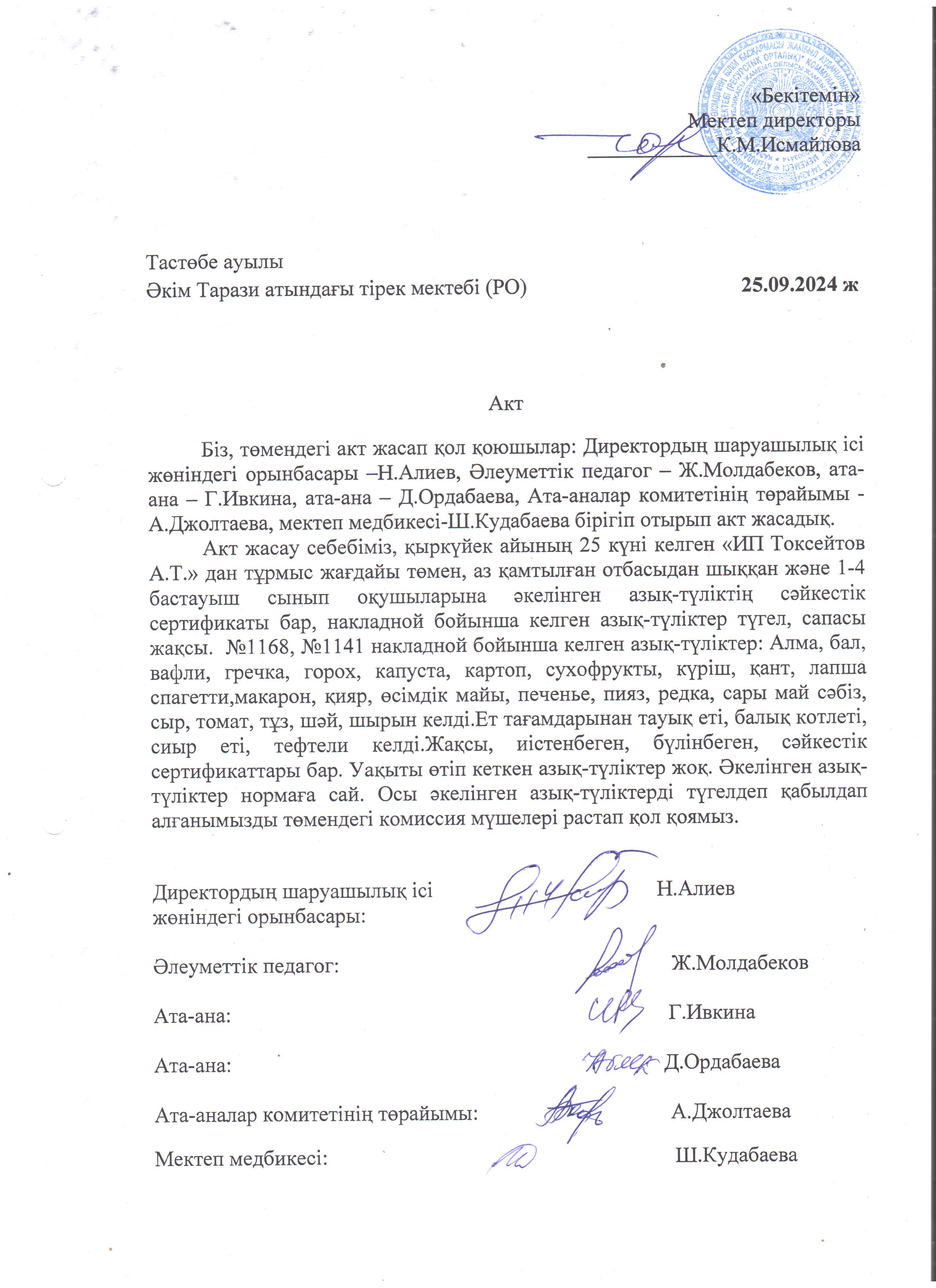АКТ азық-түлікті қабылдау. Бракеражды комиссия 25.09.2024ж