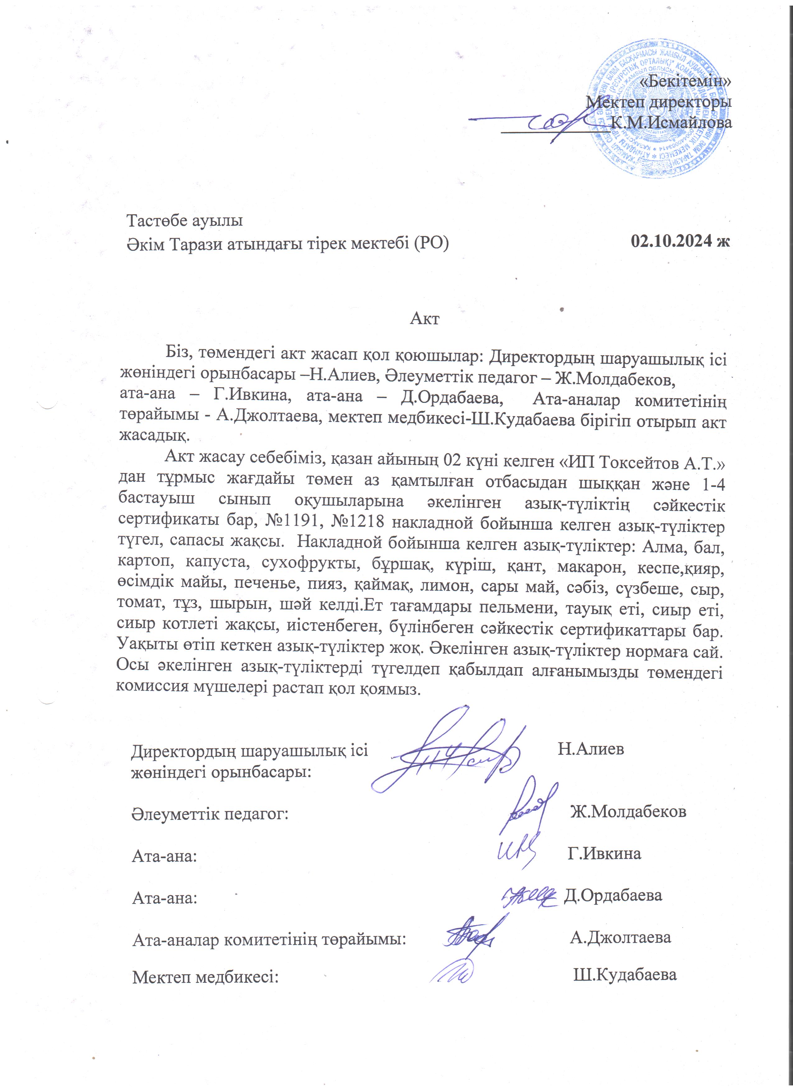 АКТ азық-түлікті қабылдау. Бракеражды комиссия 02.10.2024ж