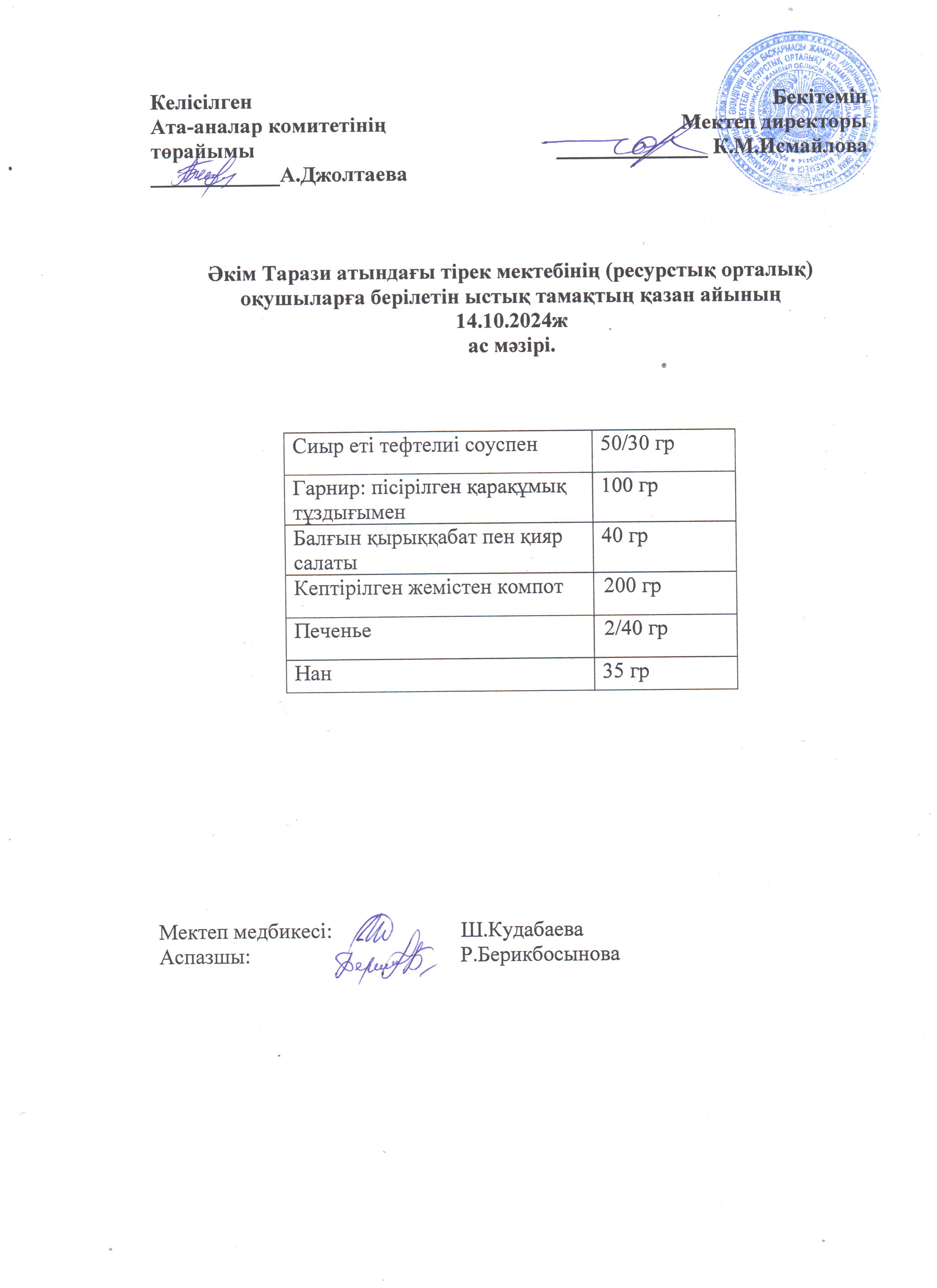 "Ас мәзірі 14.10.2024ж"