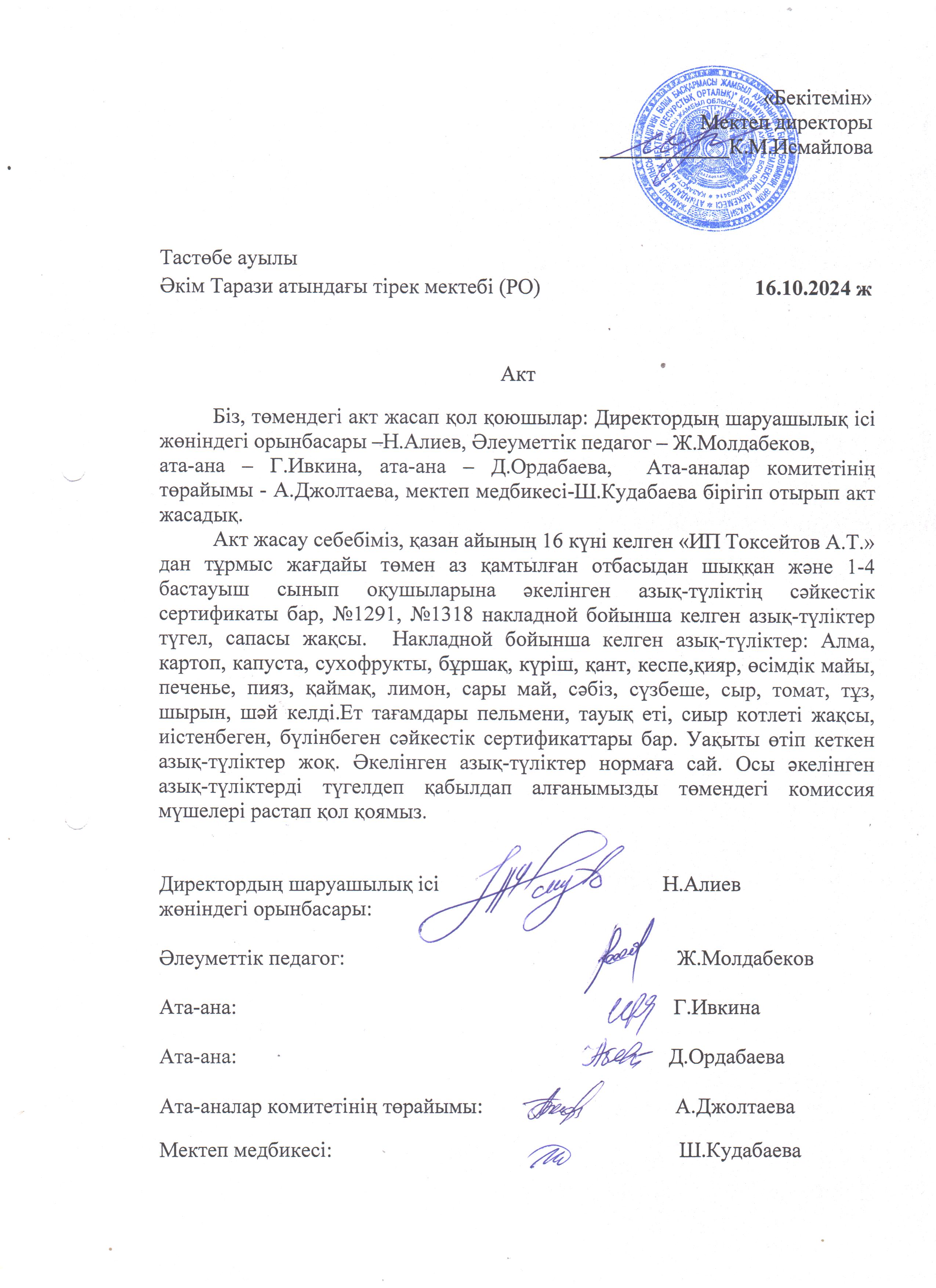 АКТ азық-түлікті қабылдау. Бракеражды комиссия 16.10.2024ж