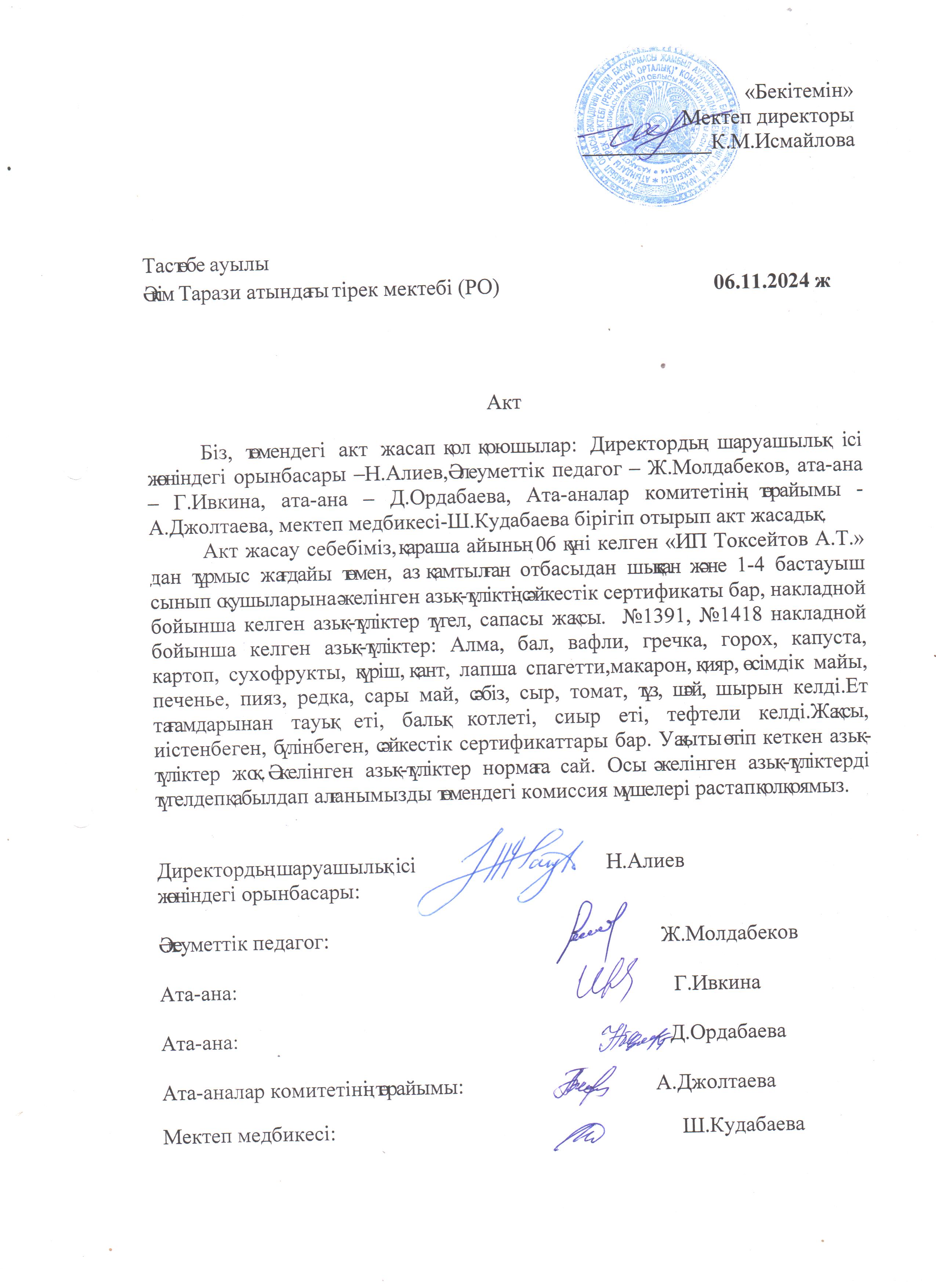 АКТ азық-түлікті қабылдау. Бракеражды комиссия 06.11.2024ж