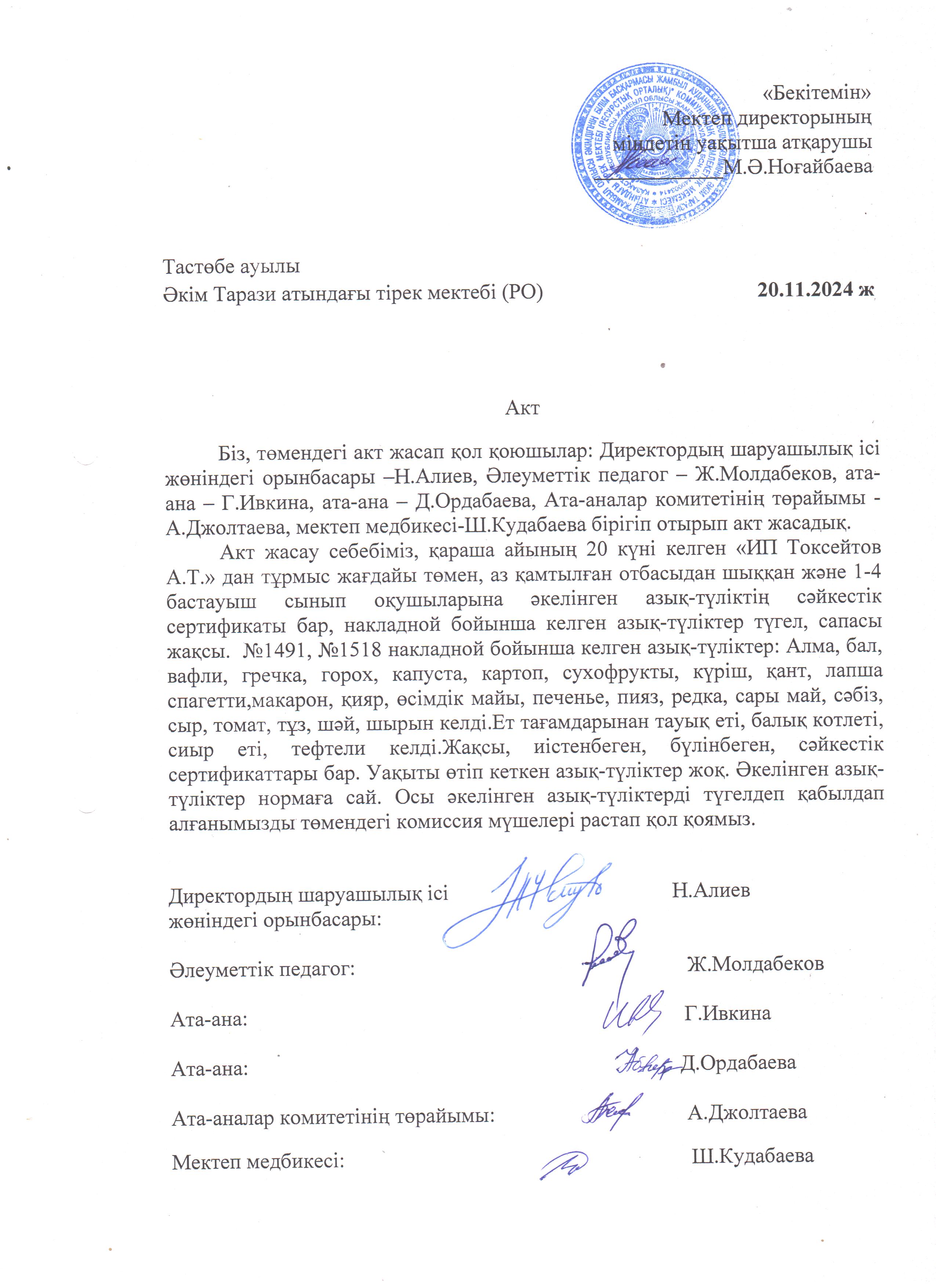 АКТ азық-түлікті қабылдау. Бракеражды комиссия 20.11.2024ж
