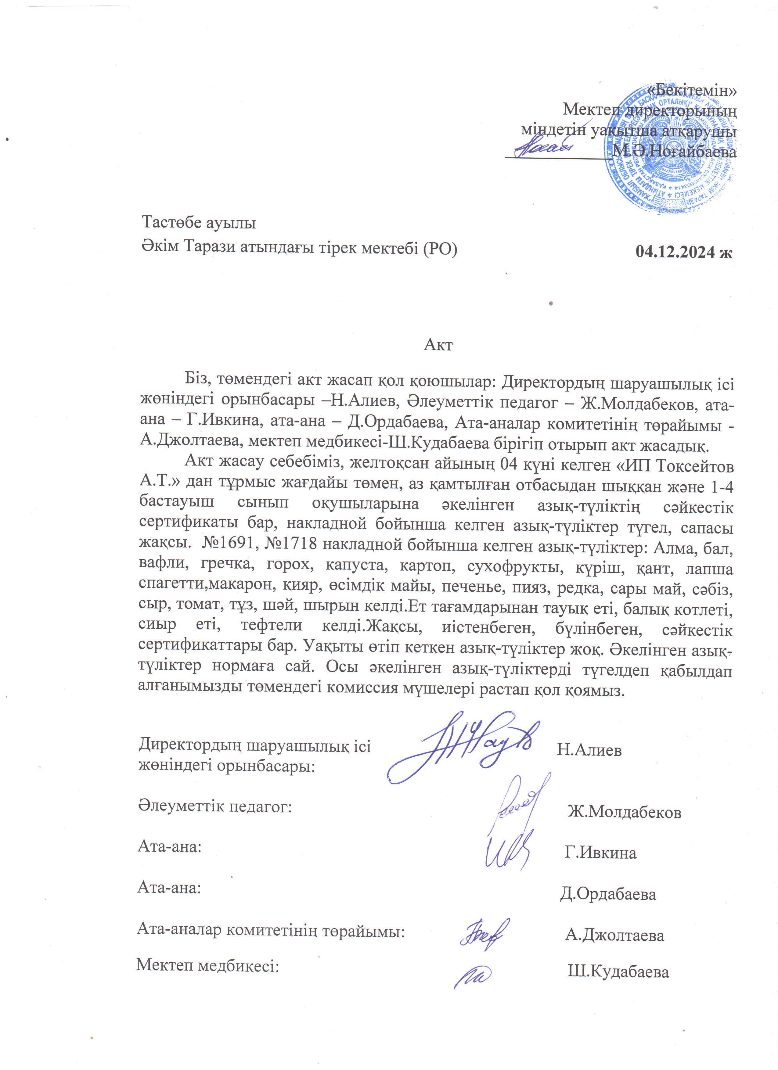 АКТ азық-түлікті қабылдау. Бракеражды комиссия 04.12.2024ж