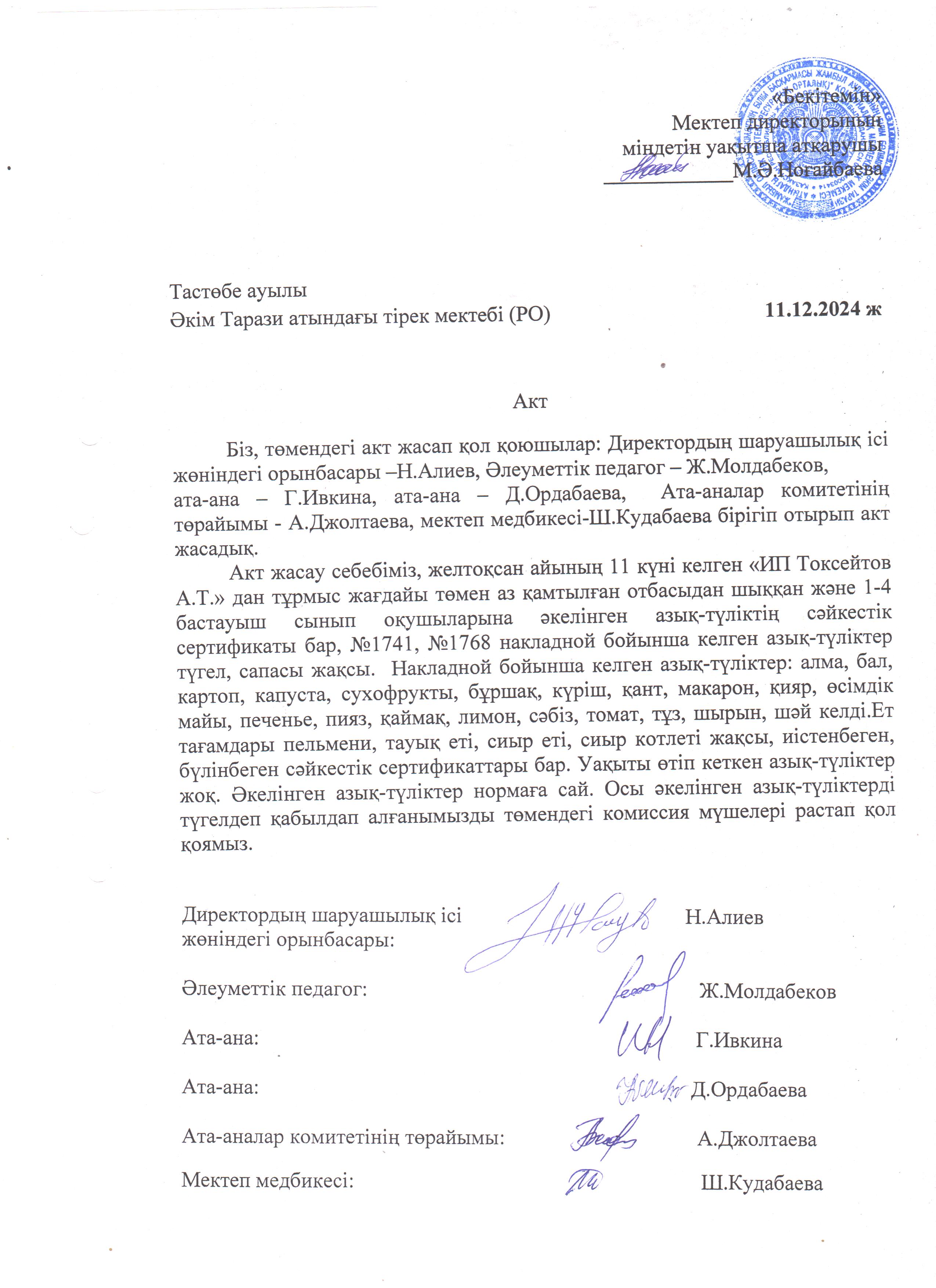 АКТ азық-түлікті қабылдау. Бракеражды комиссия 11.12.2024ж