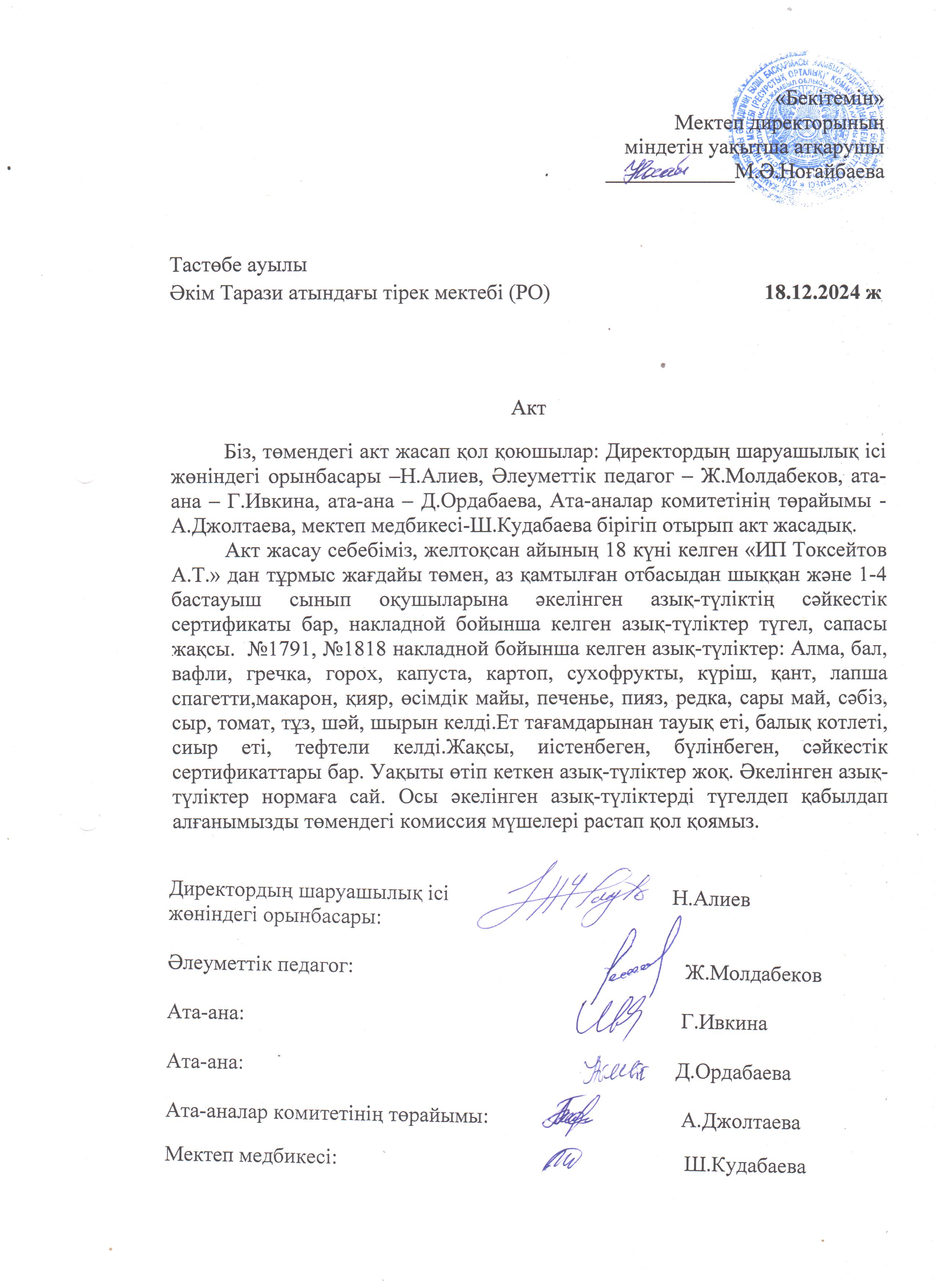 АКТ азық-түлікті қабылдау. Бракеражды комиссия 18.12.2024ж