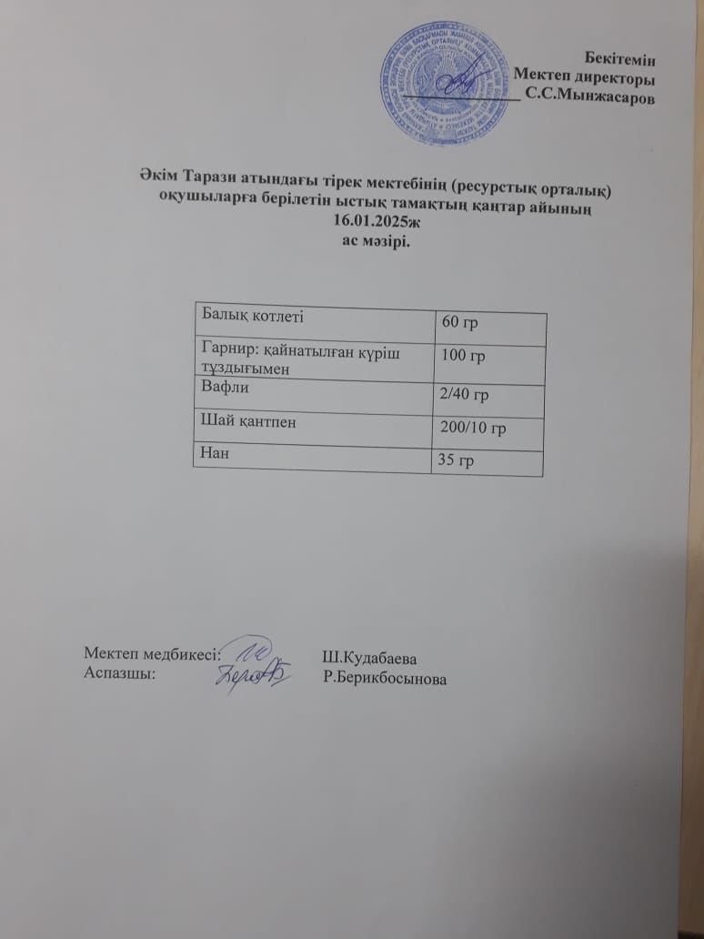 "Ас мәзірі 16.01.2025ж"