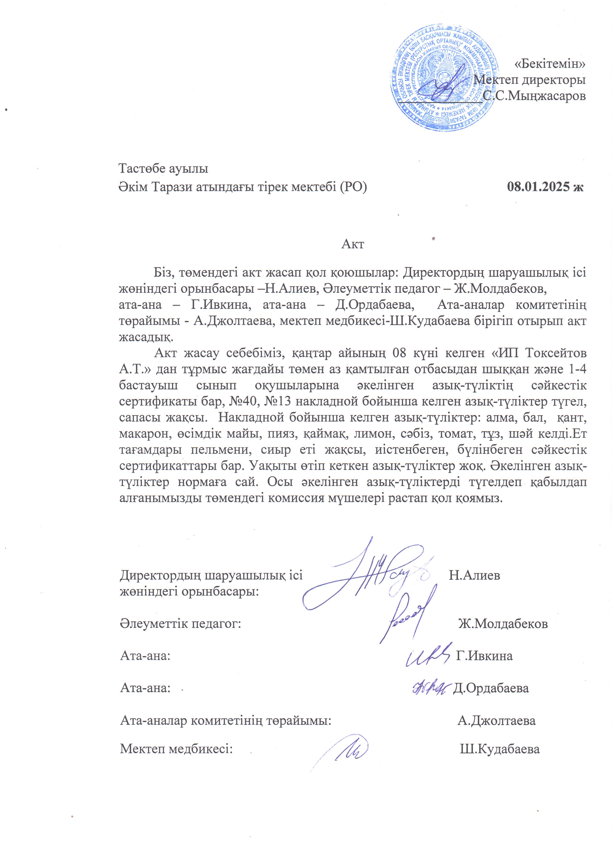 АКТ азық-түлікті қабылдау. Бракеражды комиссия 08.01.2025ж
