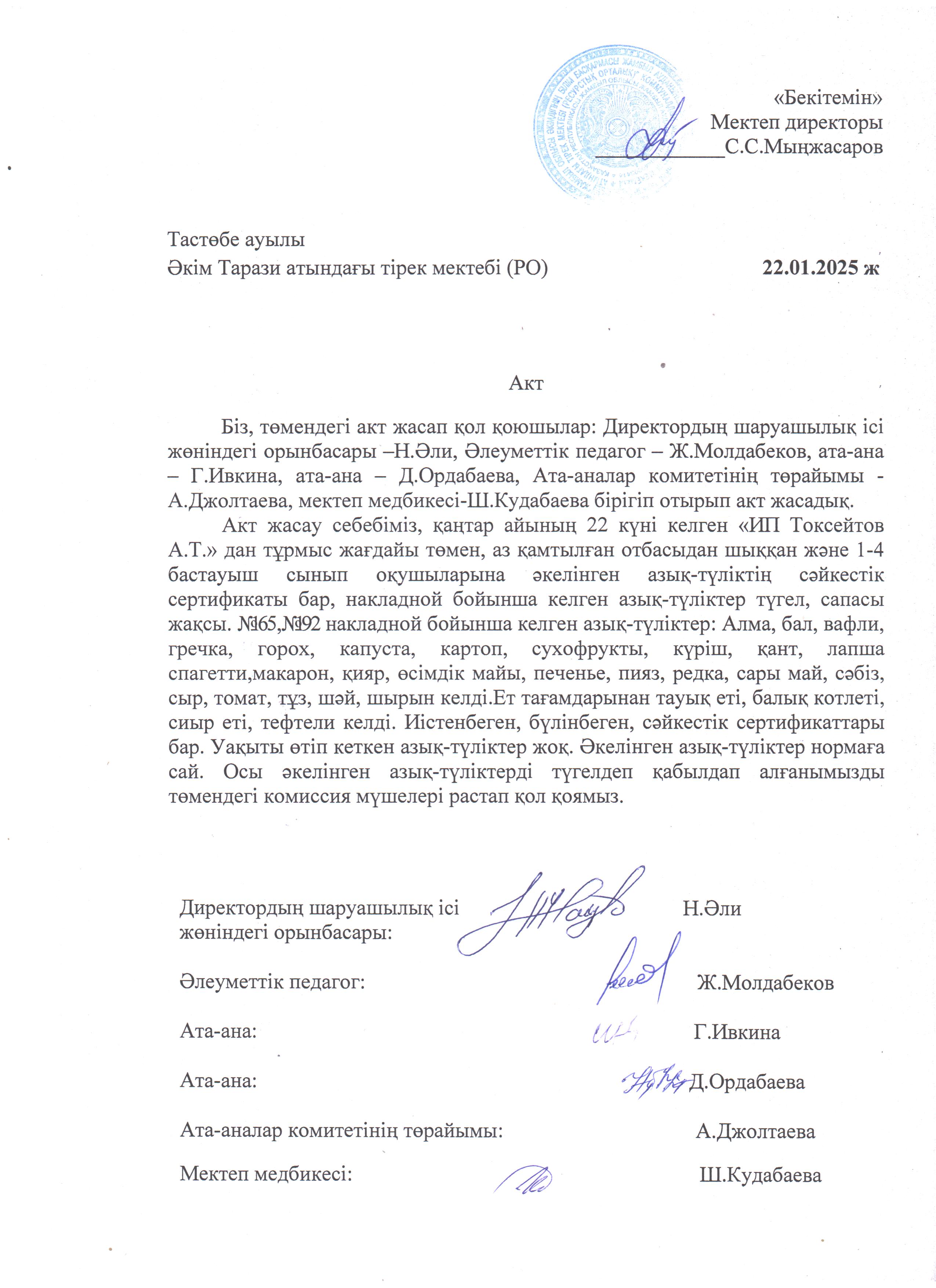 АКТ азық-түлікті қабылдау. Бракеражды комиссия 22.01.2025ж