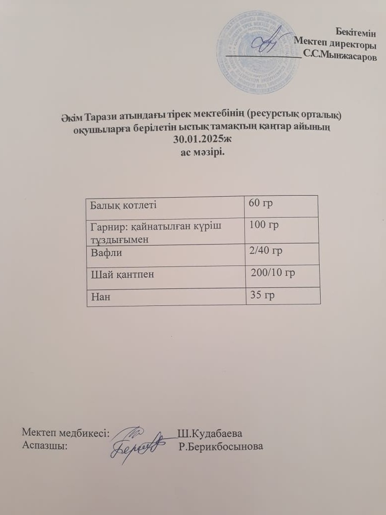 "Ас мәзірі 30.01.2025ж"