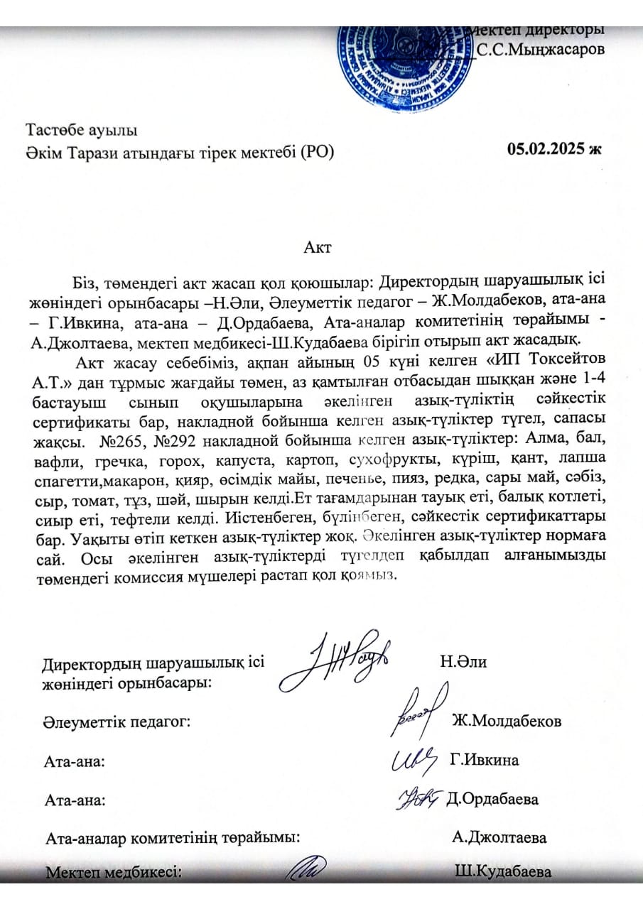АКТ азық-түлікті қабылдау. Бракеражды комиссия 05.02.2025ж