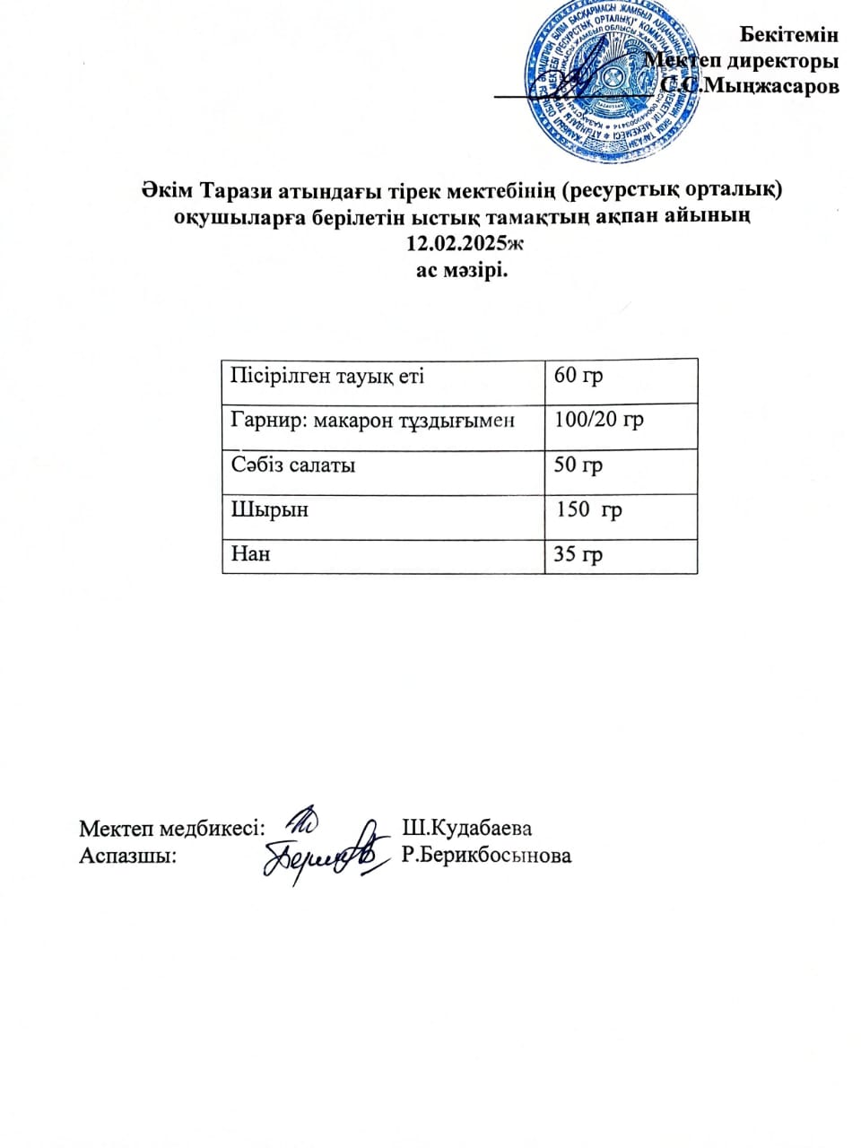 "Ас мәзірі 12.02.2025ж"