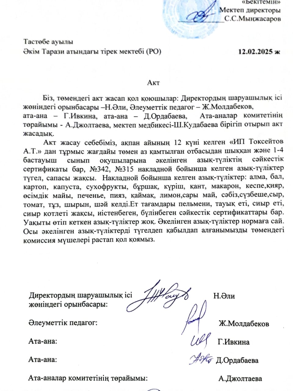 АКТ азық-түлікті қабылдау. Бракеражды комиссия 12.02.2025ж