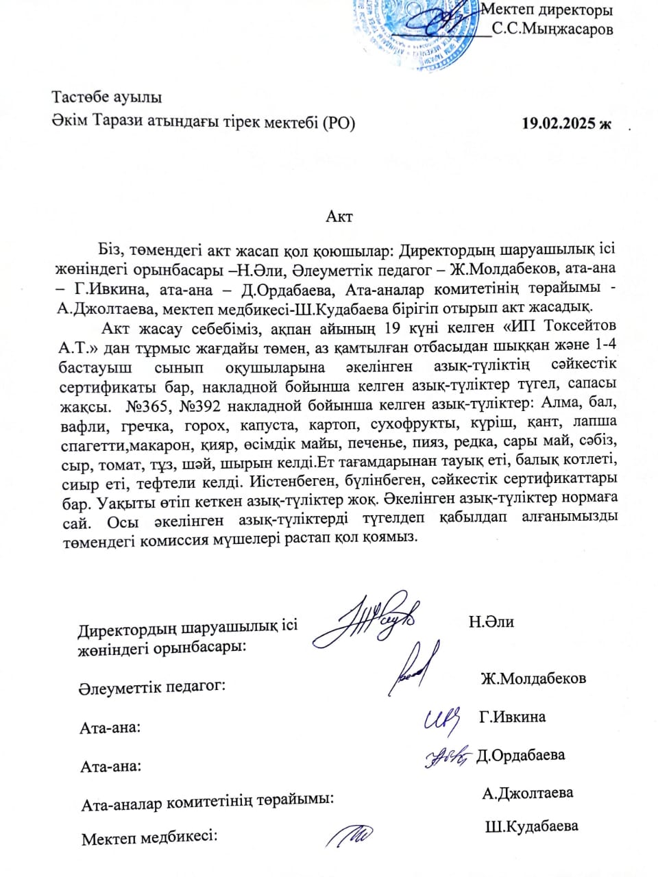 АКТ азық-түлікті қабылдау. Бракеражды комиссия 19.02.2025ж
