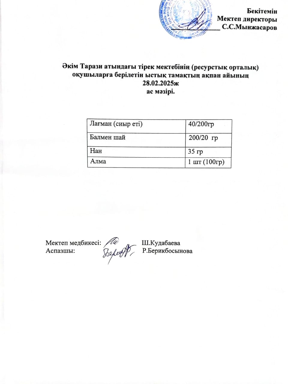 "Ас мәзірі 28.02.2025ж"