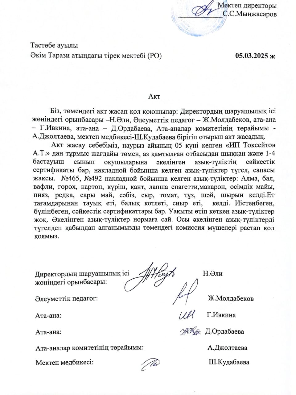 АКТ азық-түлікті қабылдау. Бракеражды комиссия 05.03.2025ж