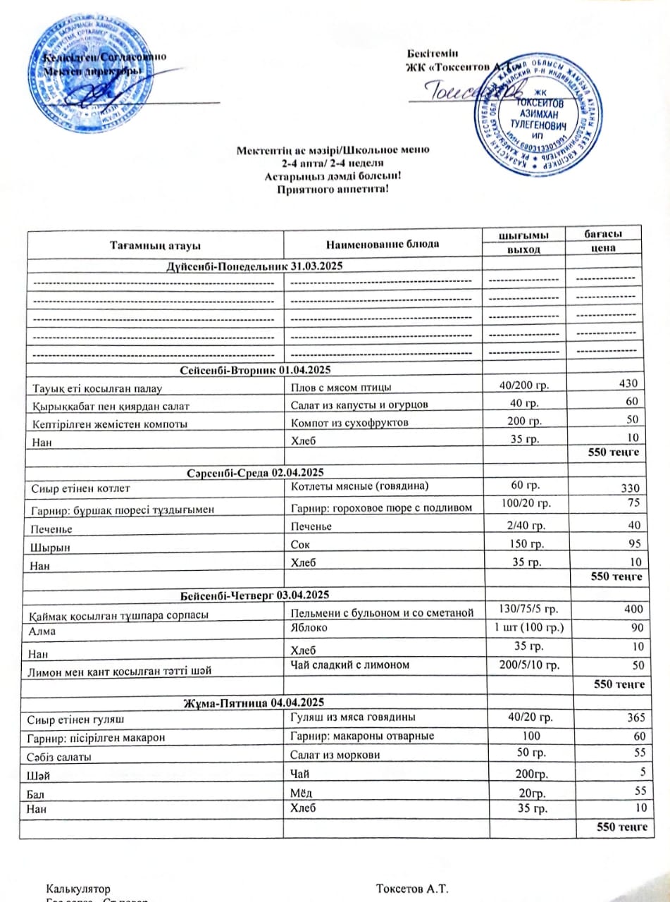 Апталық ас мәзірі 1.04-4.04.2025ж
