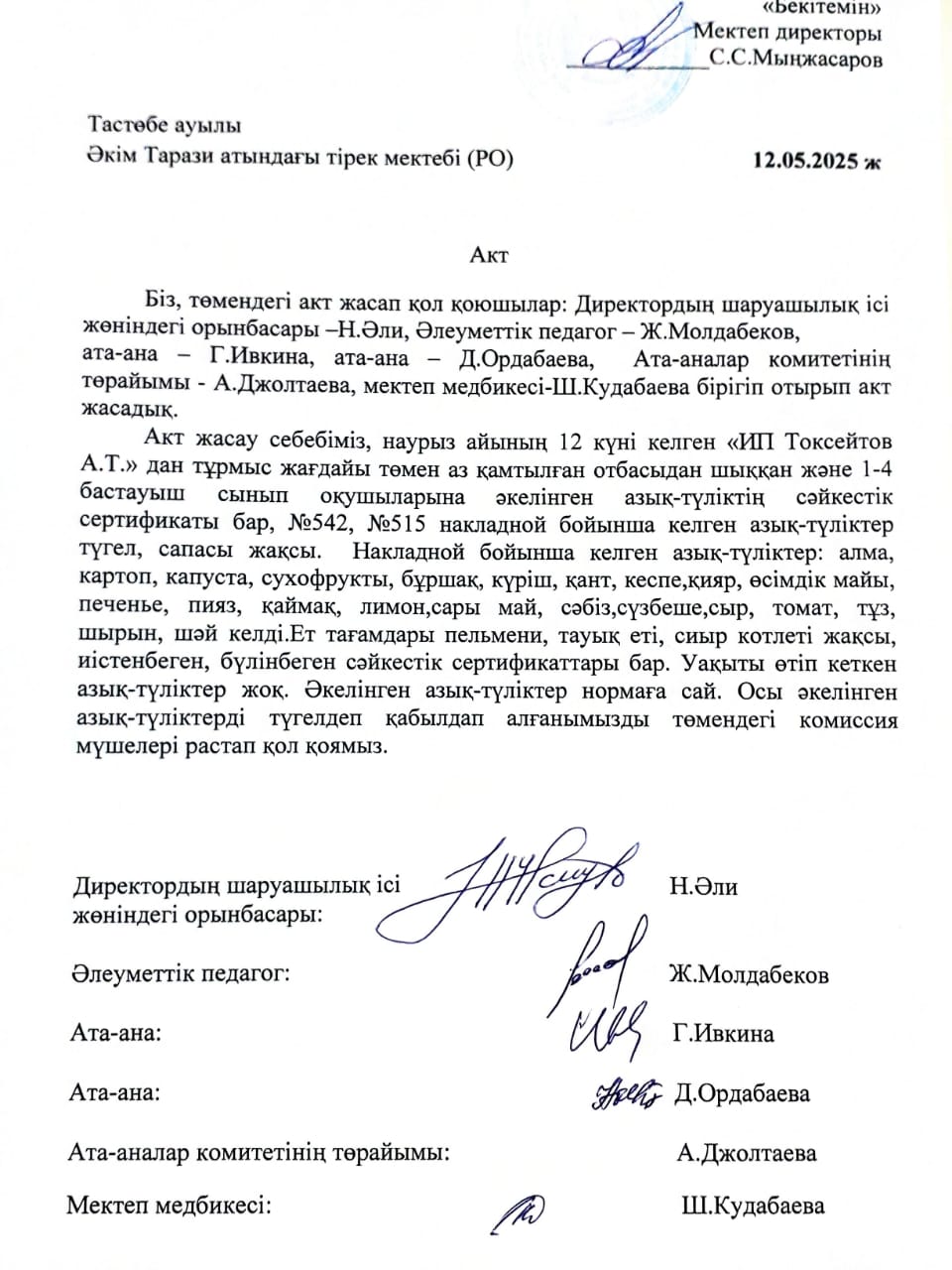 АКТ азық-түлікті қабылдау. Бракеражды комиссия 12.03.2025ж