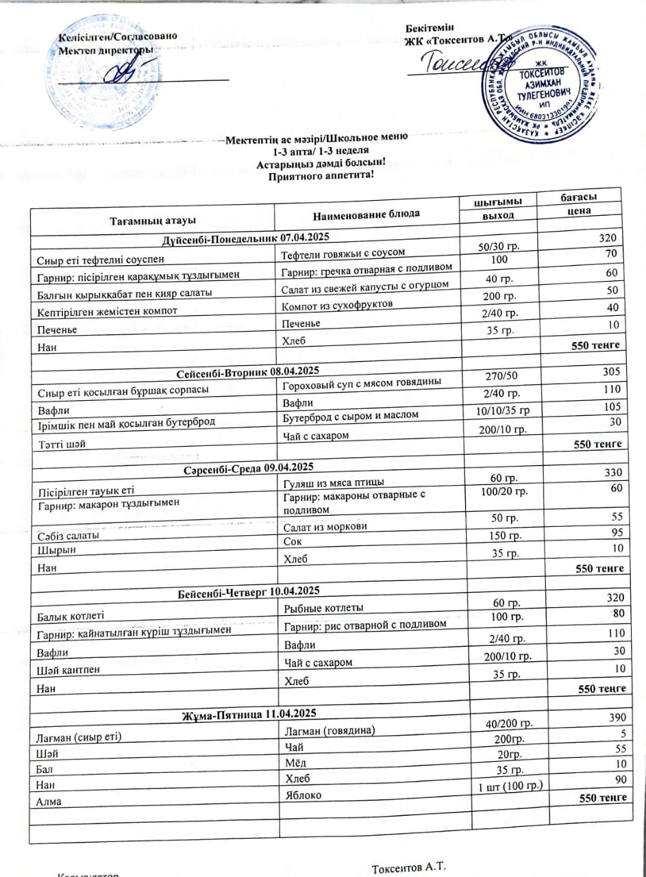 Апталық ас мәзірі 07.04-11.04.2025ж