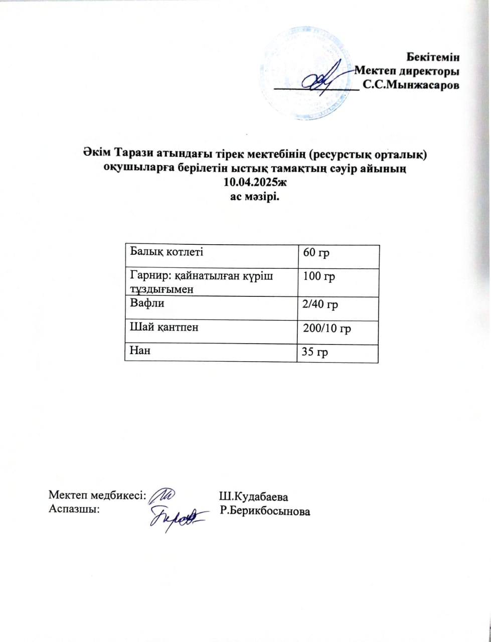 "Ас мәзірі 10.04.2025ж"