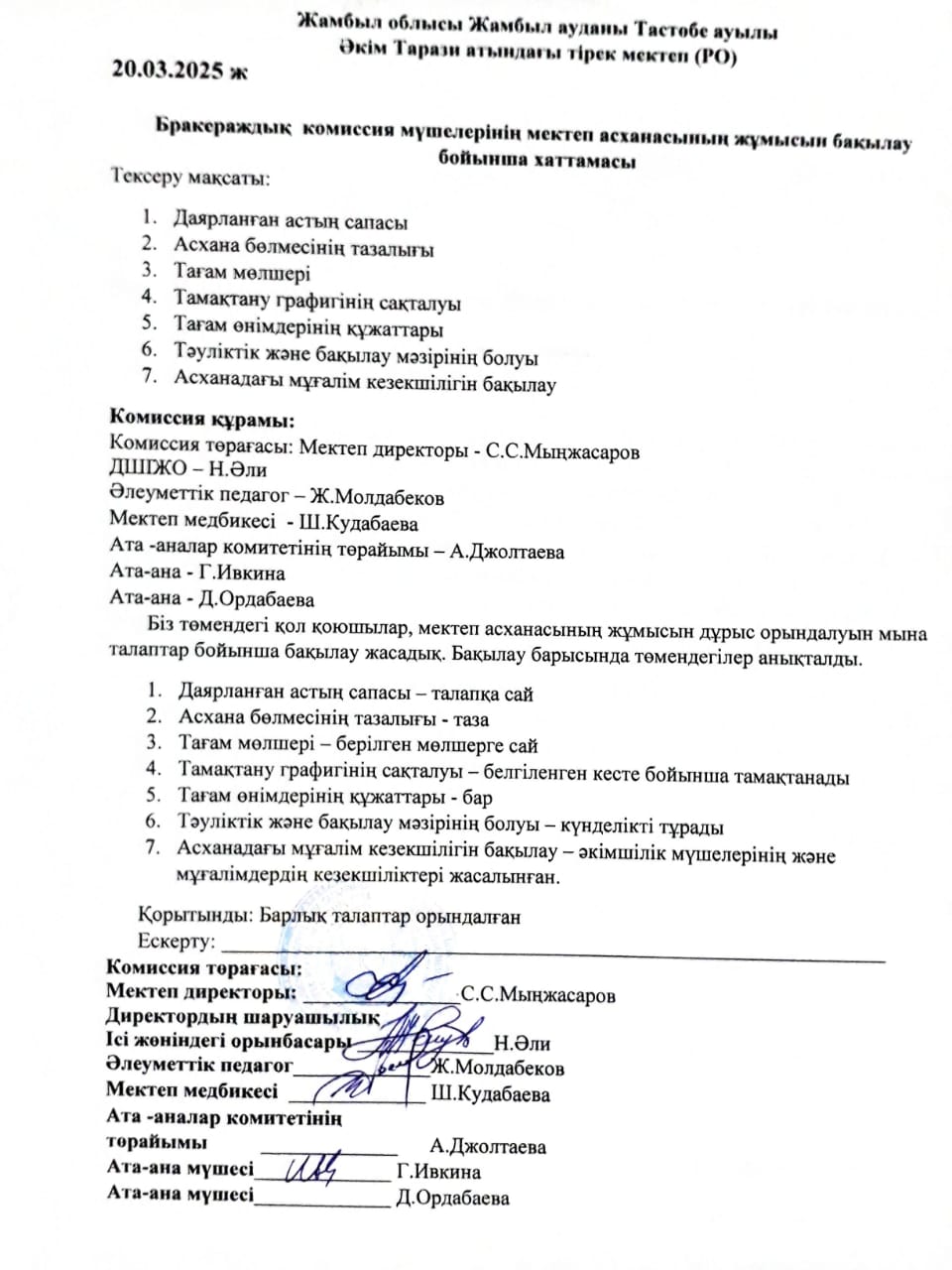 20.03.2025ж. Бракераждық комиссия мүшелерінің мектеп асханасының жұмысын тексеру