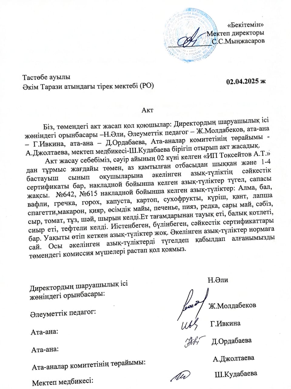 АКТ азық-түлікті қабылдау. Бракеражды комиссия 02.04.2025ж