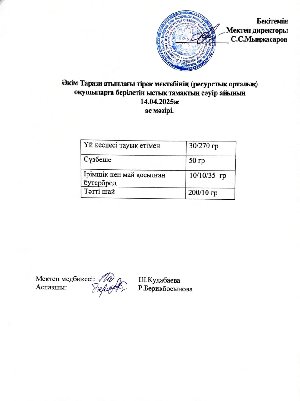 "Ас мәзірі 14.04.2025ж"