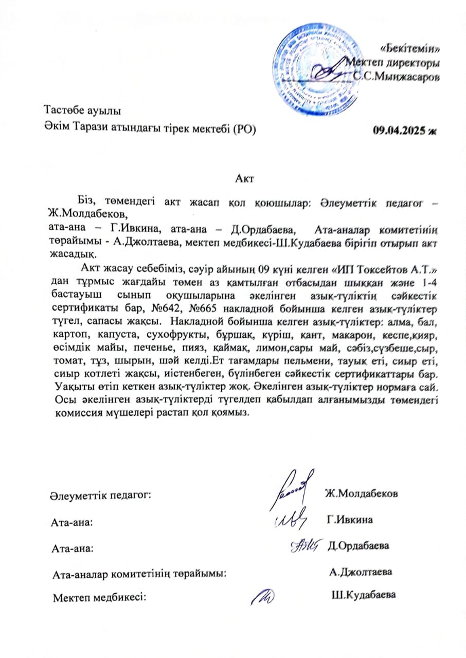 АКТ азық-түлікті қабылдау. Бракеражды комиссия 09.04.2025ж