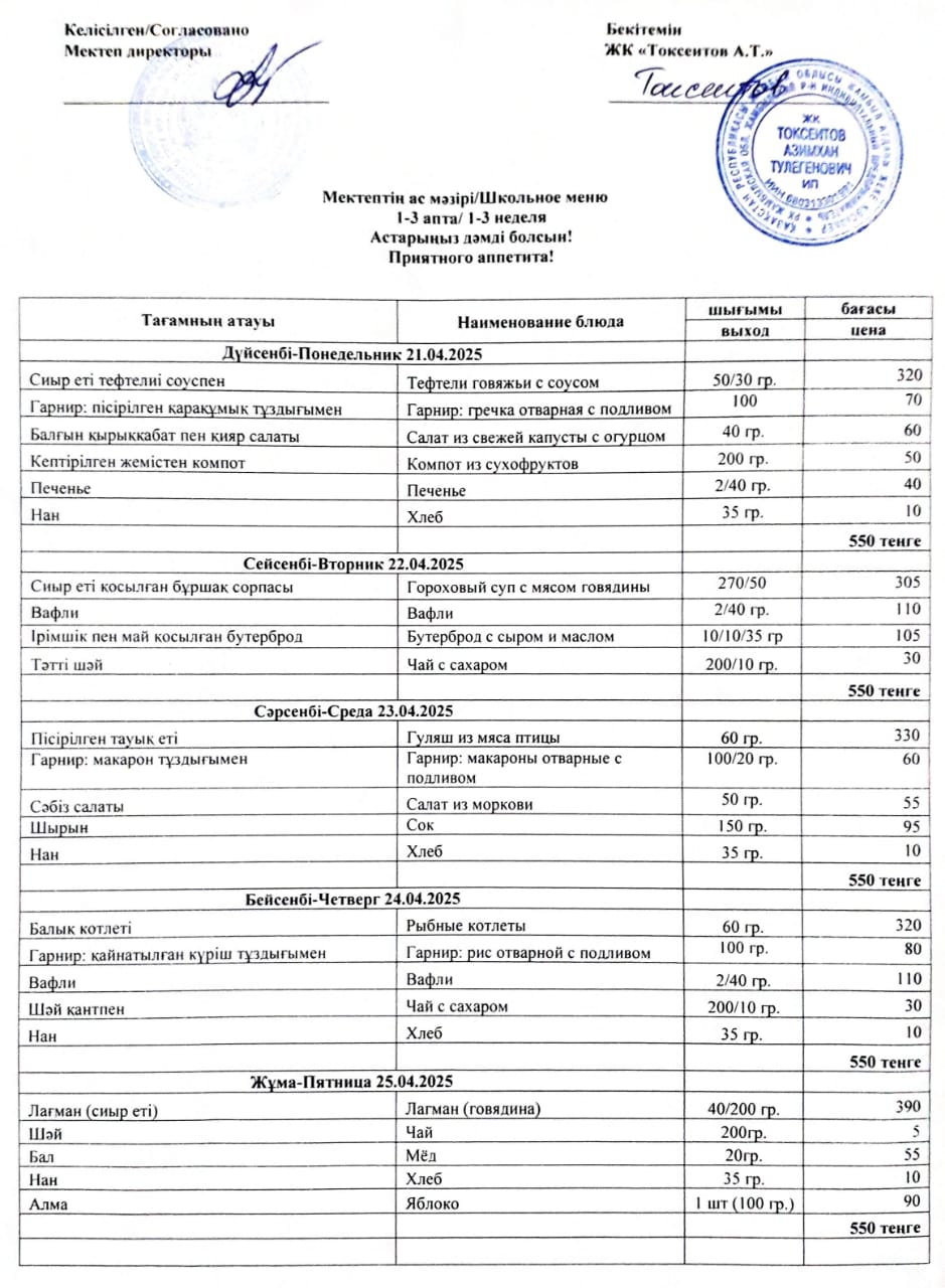 Апталық ас мәзірі 21.04-25.04.2025ж