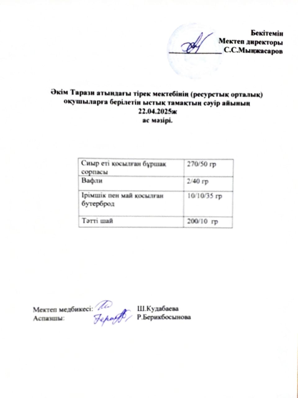 "Ас мәзірі 22.04.2025ж"