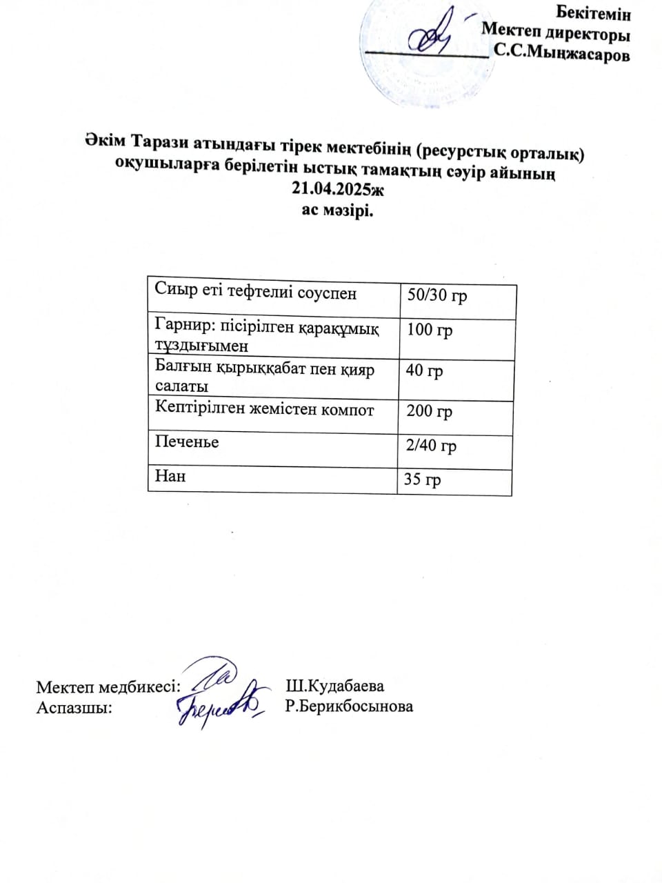 "Ас мәзірі 21.04.2025ж"