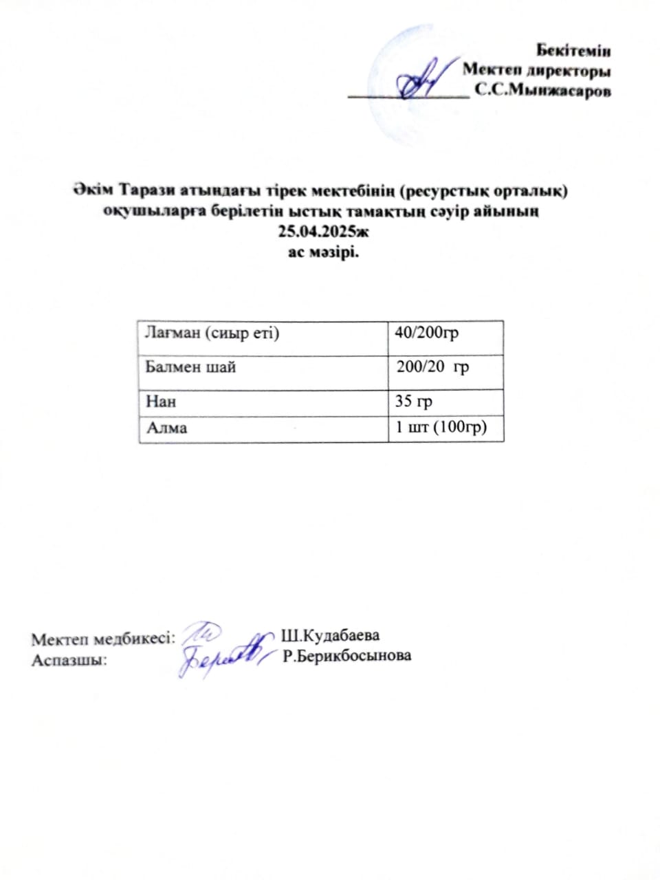 "Ас мәзірі 25.04.2025ж"