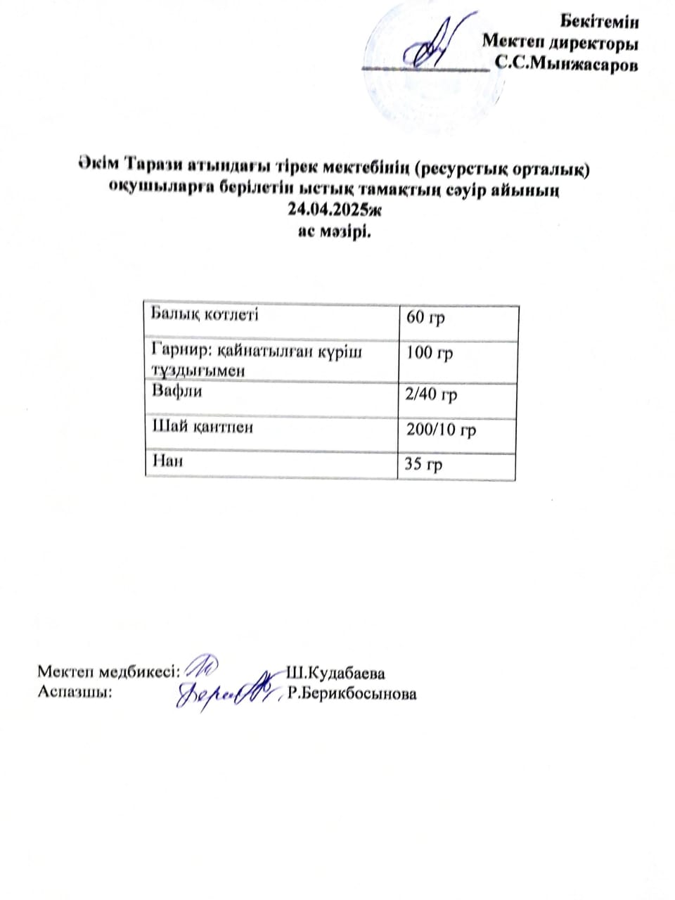 "Ас мәзірі 24.04.2025ж"