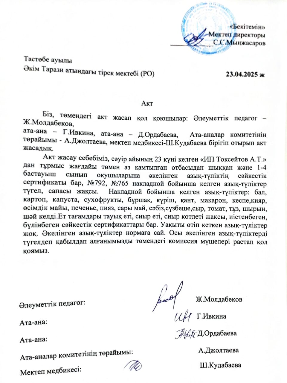 АКТ азық-түлікті қабылдау. Бракеражды комиссия 23.04.2025ж