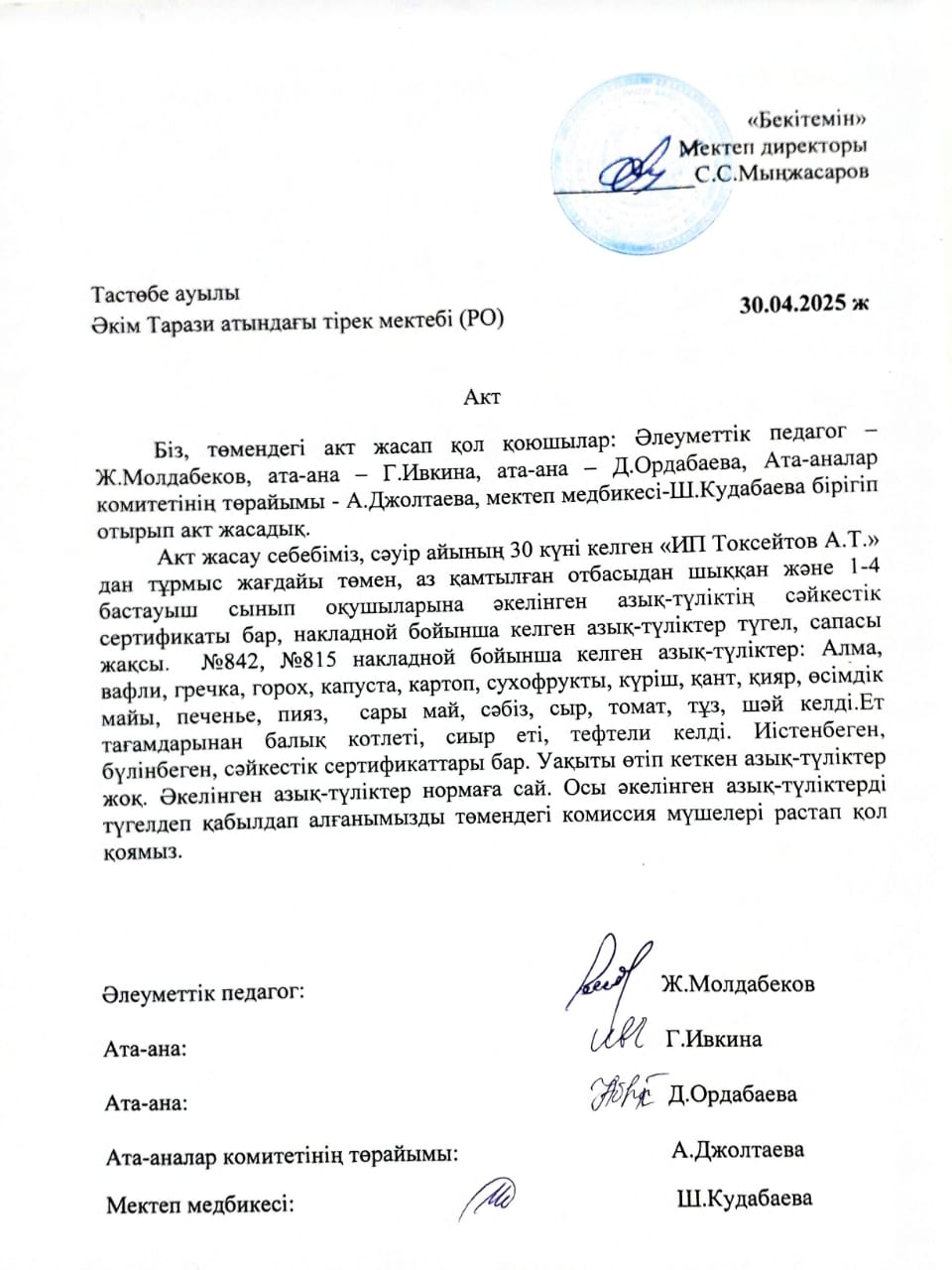 АКТ азық-түлікті қабылдау. Бракеражды комиссия 30.04.2025ж