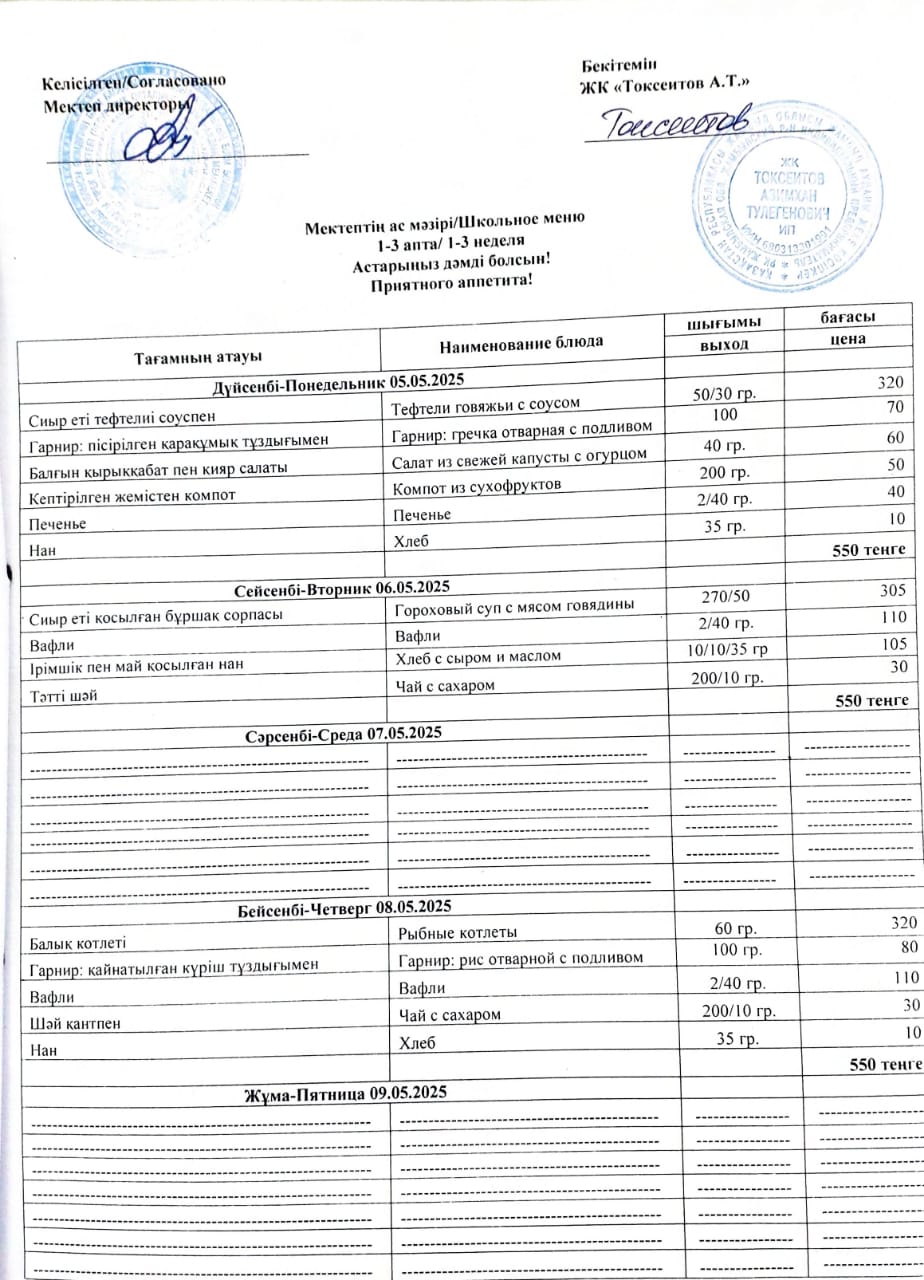Апталық ас мәзірі 05.05-08.05.2025ж