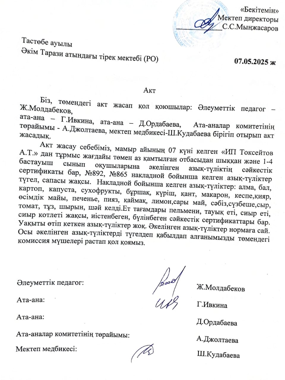 АКТ азық-түлікті қабылдау. Бракеражды комиссия 07.05.2025ж